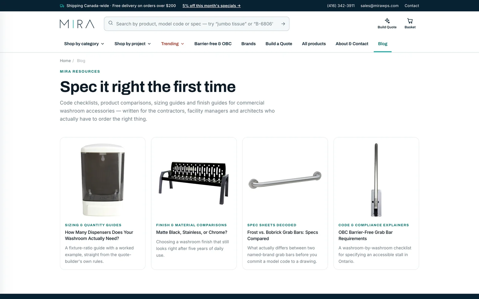 Mira's blog index page, showing four content pillars: sizing guides, finish comparisons, spec sheets decoded, and code and compliance explainers