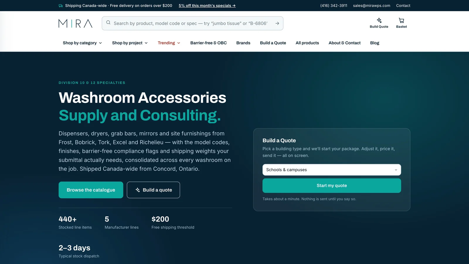 Mira Washroom Products homepage, showing the whole-washroom quote builder