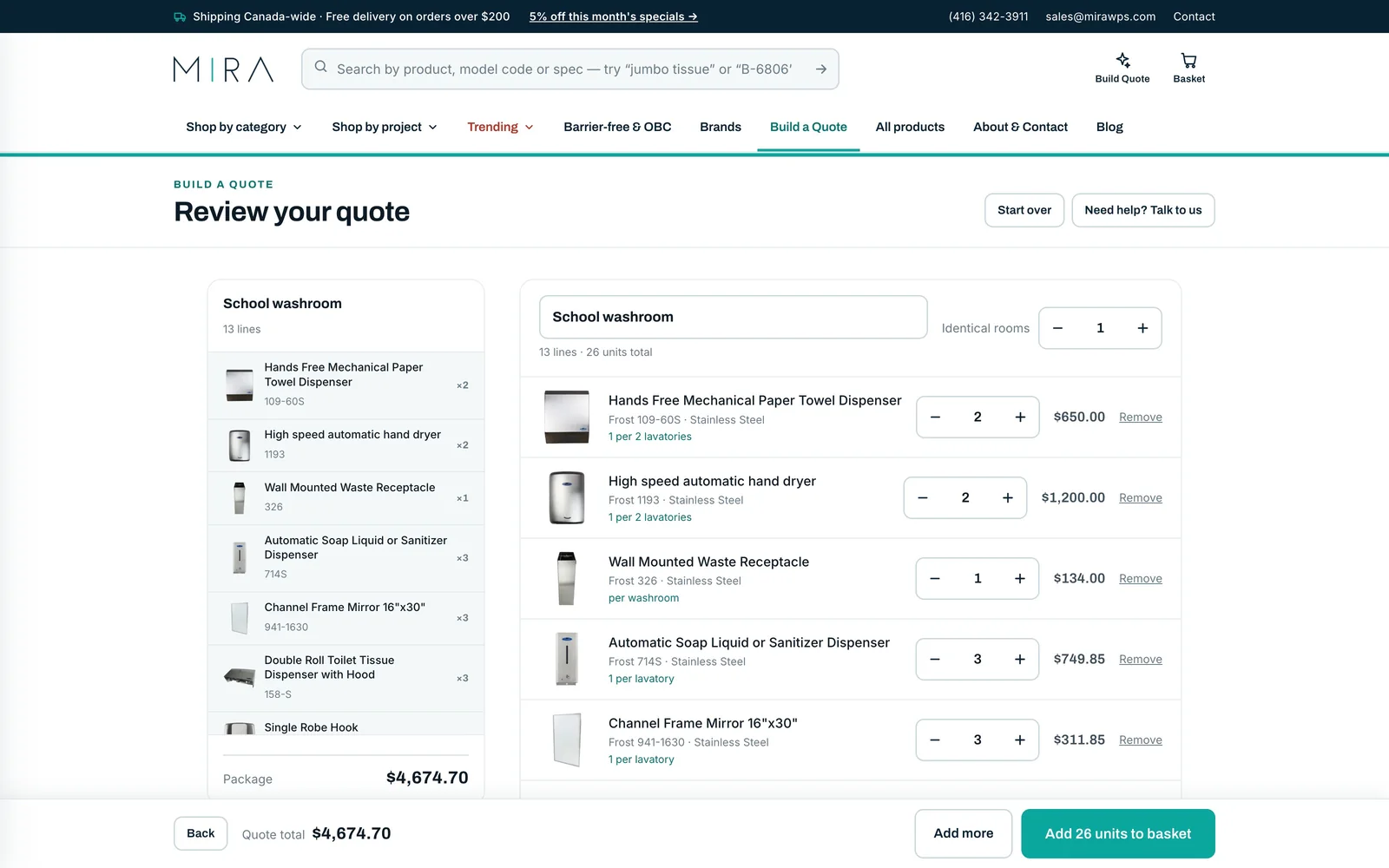 Mira's quote builder in guided mode, showing a mid-build washroom package with line items, quantities and dispenser ratios