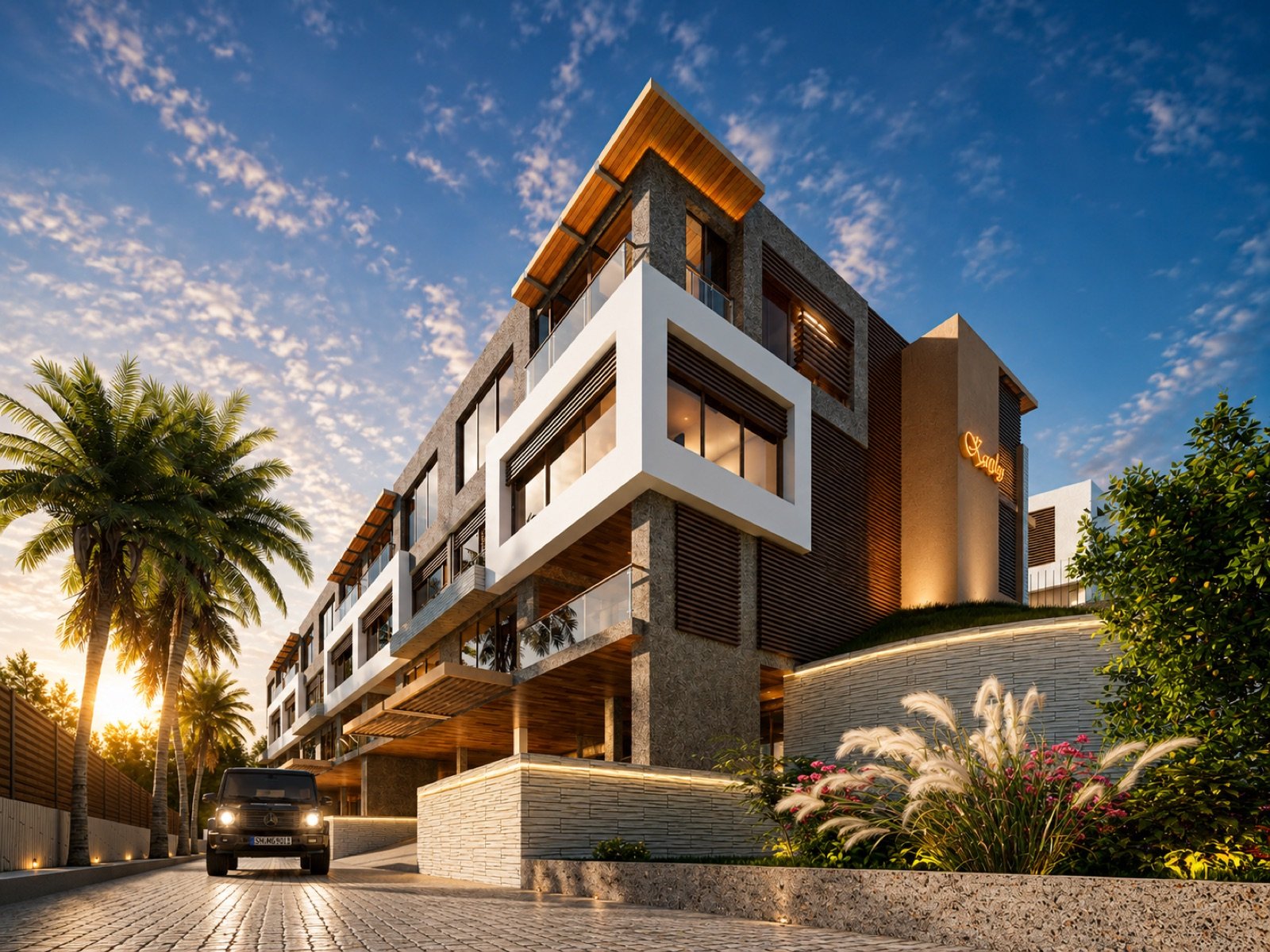 Karibu Condominiums exterior at dusk, Montego Bay